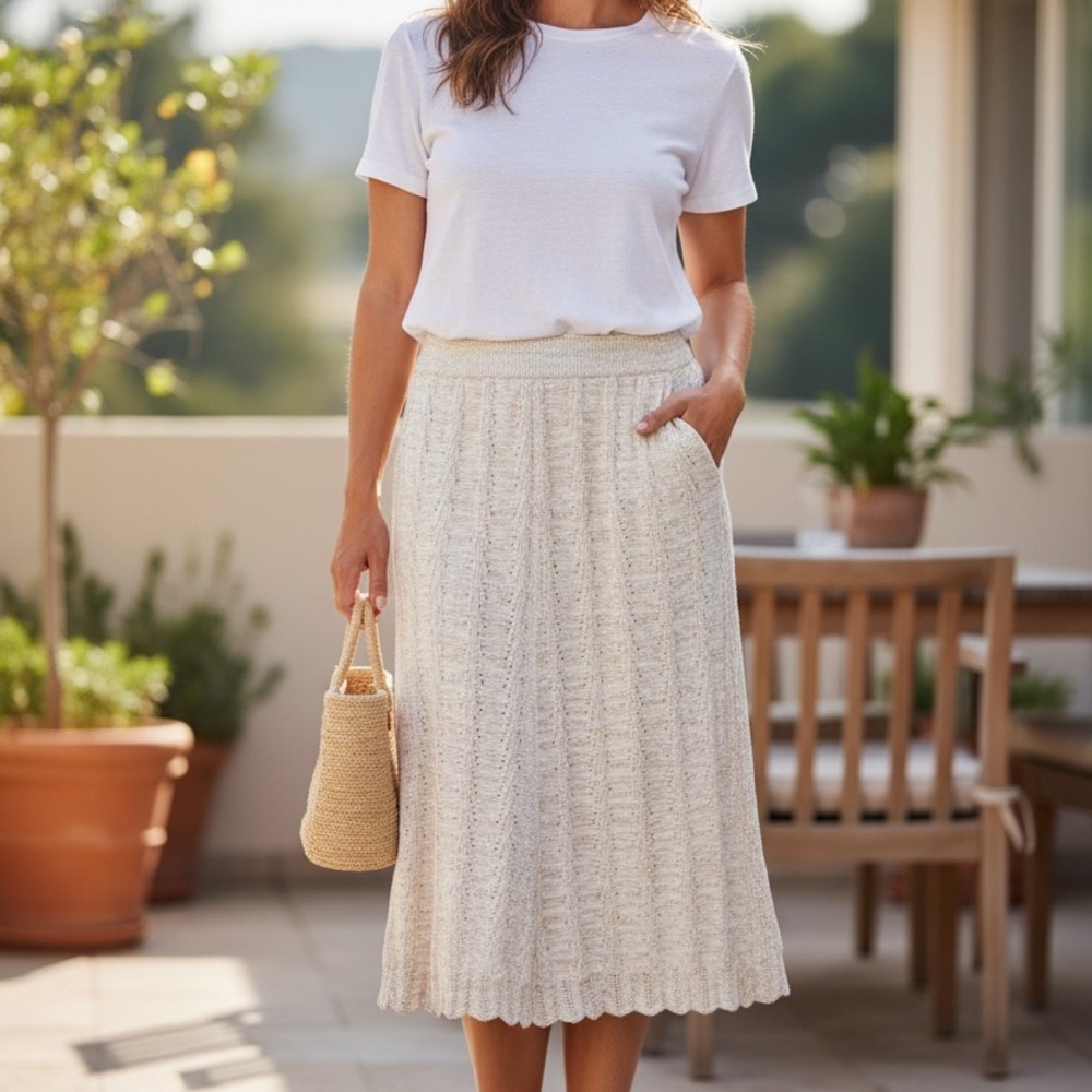 Cream Cable-Knit A-Line Skirt ; Cottagecore Bohemian Skirt